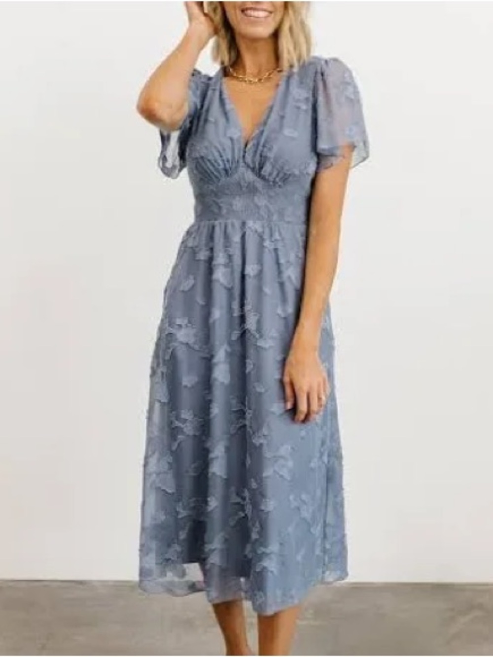 Baltic born Light Blue Floral Midi Dress with Smocked Waist Sz medium